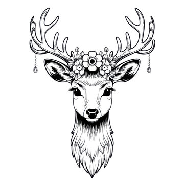 Linear deer with flower crown on head and teardrop earrings. Hand drawn isolated on white background.
