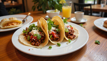 Vibrant black bean tacos presented on a wooden table, culinary delight