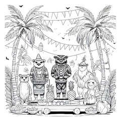Festive tropical party with animals hand drawn style