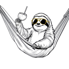 Sloth chilling in hammock drinking coconut. Hand drawn style image