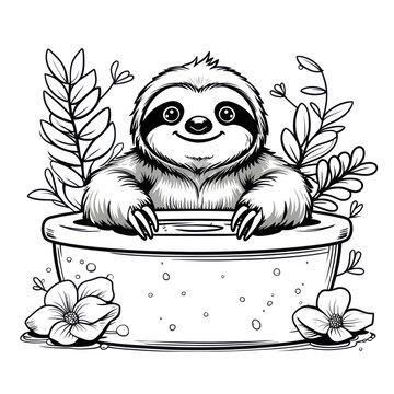 cute sloth bathing grayscale outline. animal cartoon bathing with flower and leaves