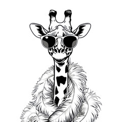 Giraffe portrait in Sunglasses and Feather Boa. Fashionable giraffe line art on white background.