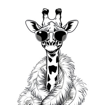 Giraffe portrait in Sunglasses and Feather Boa. Fashionable giraffe line art on white background.