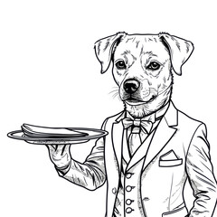 Dog butler holding tray with dish hand drawn style. Animal wearing suit with tie.