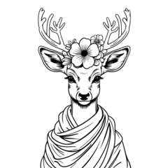  Deer with Flowers Head Ink Drawing. Animal in cloth. © PabloStock