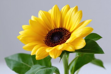 Fototapeta premium A vibrant sunflower in full bloom with vivid yellow petals and a rich brown center, captured in natural