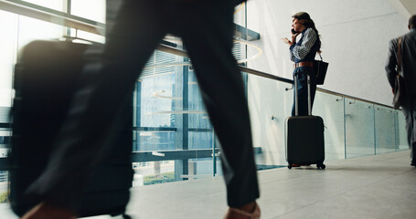 Business woman, phone call and travel with suitcase for communication, discussion or flight delay. Female person, traveler or talking with mobile smartphone for conversation, app or chat at airport