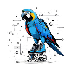 Blue parrot on rollers. Graphic style parrot wearing blue roller skates on white background. Fun illustration for kids.