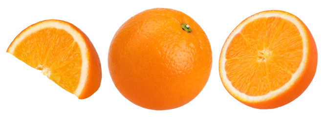 Orange fruit half and slices isolated, transparent PNG, PNG format, This is a photo taken by a camera, not an AI-generated image
