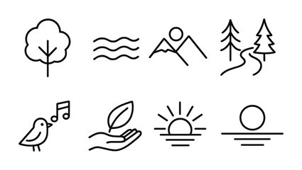 Nature and outdoors outline icons set – linear, line, environment and wildlife symbols