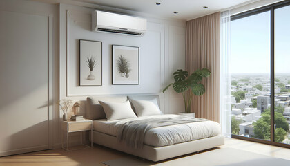 Fototapeta premium A/c unit mounted on a clean indoor wall in a minimalist bedroom, showing cold air flow on a hot day.