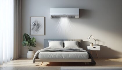 A/c unit mounted on a clean indoor wall in a minimalist bedroom, showing cold air flow on a hot day.