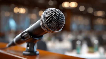 Obraz premium A microphone is on a stand in front of a crowd