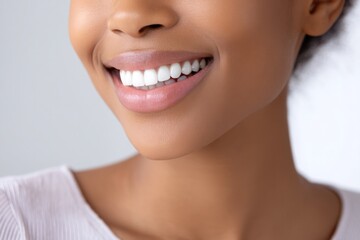 Obraz premium Close-up of a young woman smiling with perfectly aligned white teeth, soft natural lighting enhancing her smooth skin