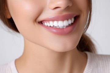 Obraz premium Close-up of a young woman smiling with perfectly aligned white teeth, soft natural lighting enhancing her smooth skin