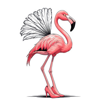 Flamingo bird wearing heels. Pink avian with feathers on back, hand drawn on white background. Fashion concept.