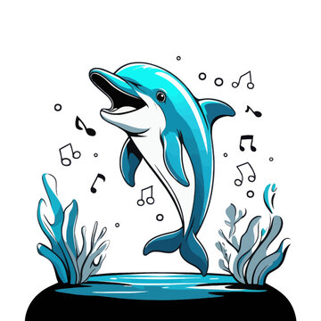 Happy Dolphin with Music Notes. Illustration of dolphin jumping in ocean. Aquatic performance concept.