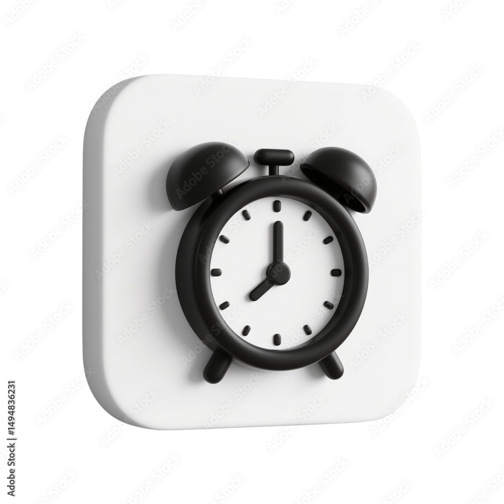 Poster 3d render of a black alarm clock app icon on white square