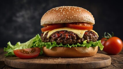 Juicy plant-based burger topped with fresh lettuce and tomatoes served on a sesame seed bun