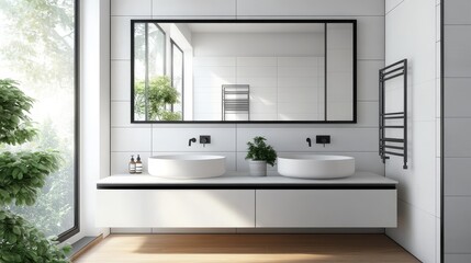 Fototapeta premium Modern bathroom with two sinks and a big rectangle mirror with black frame