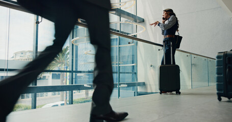 Business trip, employee and woman with suitcase, phone call and communication for travel...