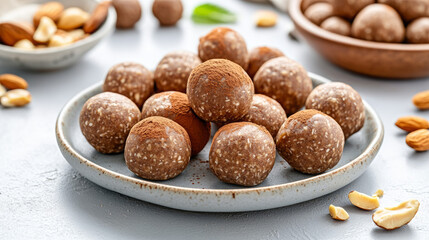 Vegan energy balls made from dates, nuts, and cocoa on a plate  