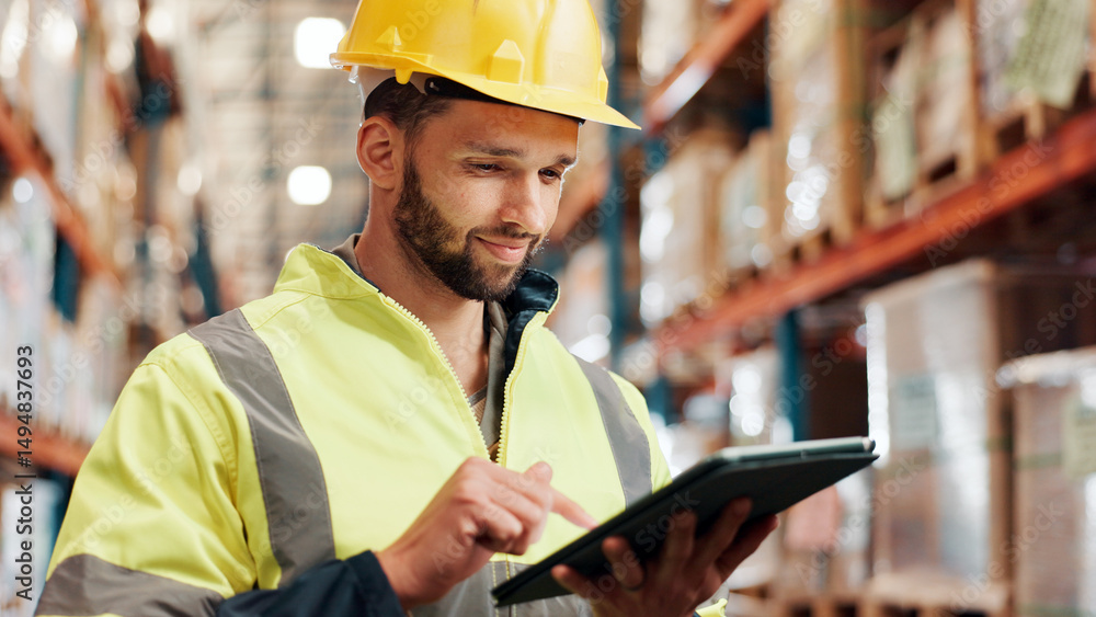 Aufkleber man, tablet and scroll for shipping with inspection, distribution information or schedule with quali