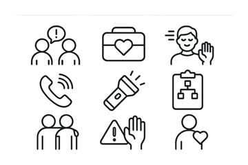 Obraz premium Business communication line icons set – flat, outline, teamwork and phone symbols
