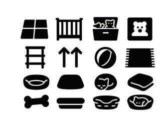Pet care silhouette icons set – solid, animal supplies, grooming symbols