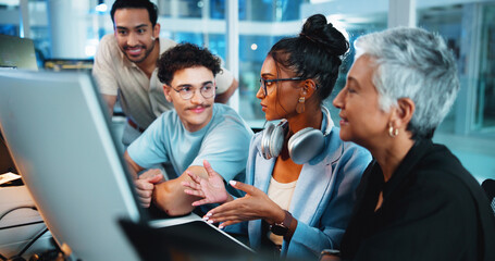 Online, programmer and group with computer, discussion and brainstorming for algorithm on website....