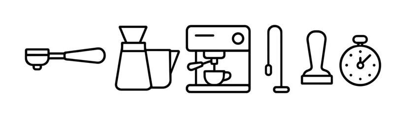 Coffee and barista line icons set – outline, linear, espresso brewing tools