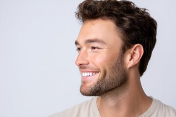 Obraz premium Side profile of a man mid-laugh showing a full set of clean and naturally white teeth, with a subtle beard