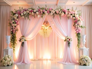 Elegant wedding ceremony stage decorated with flowers and flowing pastel pink fabric creating romance.