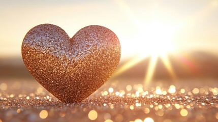 Fototapeta premium Golden glitter heart resting on a bed of sparkling light.