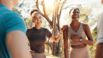 Running, laughing and fitness with friends in nature for team, workout partners and health. Wellness, exercise club and support with people outdoor for performance, training and challenge together