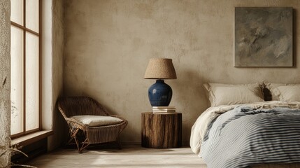 Sunlit bedroom with woven chair, wooden side table, blue lamp, and linen bedding