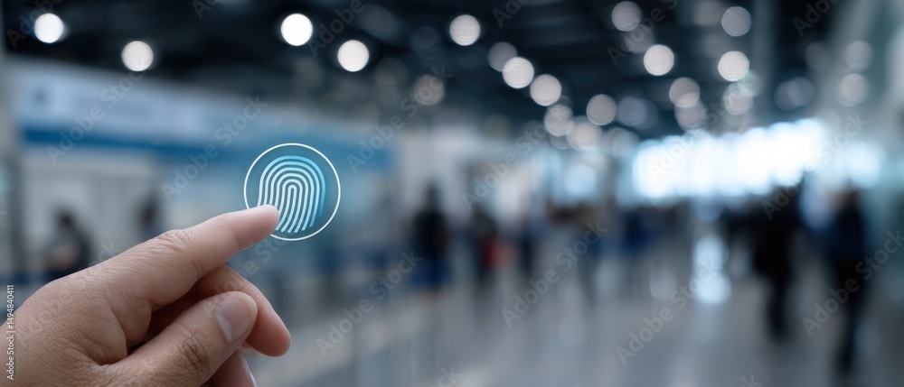 Poster mans finger touching digital fingerprint icon for secure access control in a modern office building 