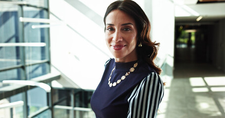 Business, woman and portrait with smile in office building for internal auditing, financial...