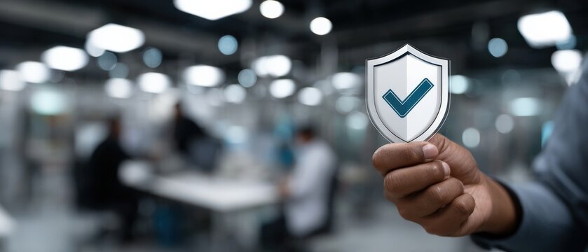 African American man holding security shield with check mark in modern office Concept of data protection, cybersecurity, and business compliance