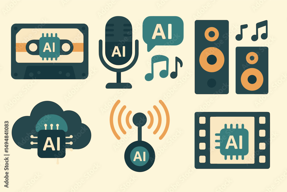 Poster artificial intelligence filled icons set – tech, ai, machine learning graphics