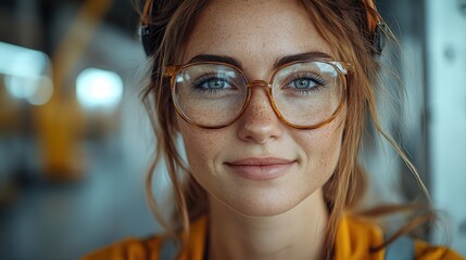 Portrait of a smiling woman with glasses in urban background