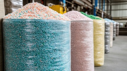 Recycled plastic pellets in large sacks ready for reuse in production