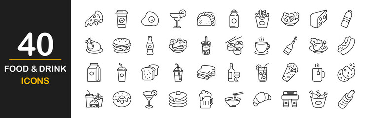 Food and drinks icon set. Contains such icons as burger, coffee, donut, bubble tea,pizza, french fries, tea, desserts, beer, hot dog, sushi and rolls, coctail, energy, chicken leg with salad and more