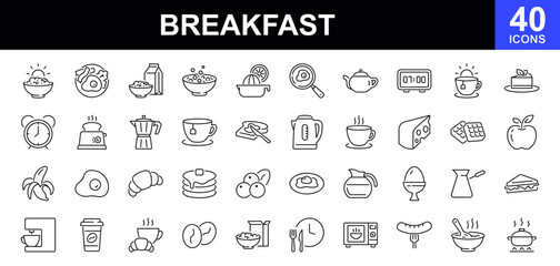 Breakfast icon set. Contains such icons as  egg and bacon, coffee, oatmeal, tea, fruit, desserts, сoffee with croissant and more. Vector illustration