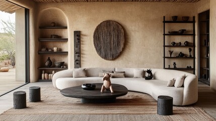 Desert-inspired living room with curved sofa, wooden coffee table, and earthy tones