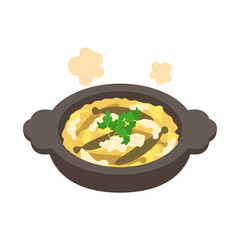 柳川鍋（どじょう鍋）。フラットなベクターイラスト。
Loach hot pot in soy sauce with eggs and burdock. Flat vector illustration.
