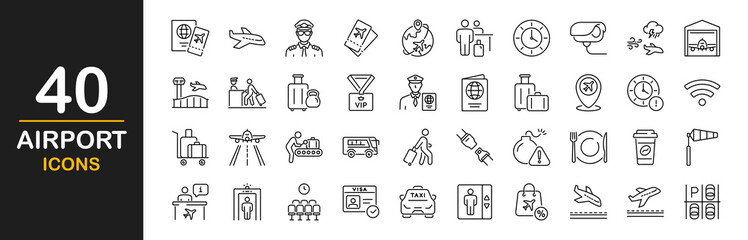 Airport icon set. Contains such icons as aerodrome, runway, air transport, control tower, plane, boarding pass, traveler, information desk, pilot, tickets, baggage and more