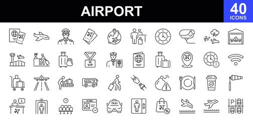 Airport icon set. Contains such icons as aerodrome, runway, air transport, control tower, plane, boarding pass, traveler, information desk, pilot, tickets, baggage and more © mi-vector