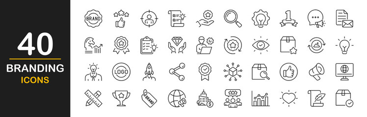 Branding icon set. Contains such icons as marketing, product, innovation, strategy, values, loyal customers, identity, brand value, design, logo, target audience, social media and more