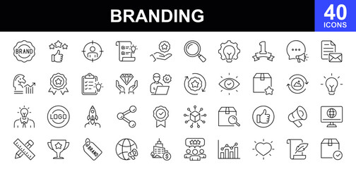Branding icon set. Contains such icons as marketing, product, innovation, strategy, values, loyal customers, identity, brand value, design, logo, target audience, social media and more